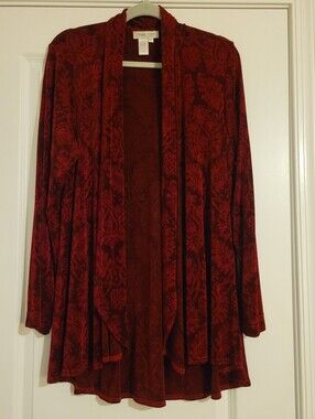 Coldwater Creek Women's Deep Red And Black Open Front Draped Cardigan Shirt Top